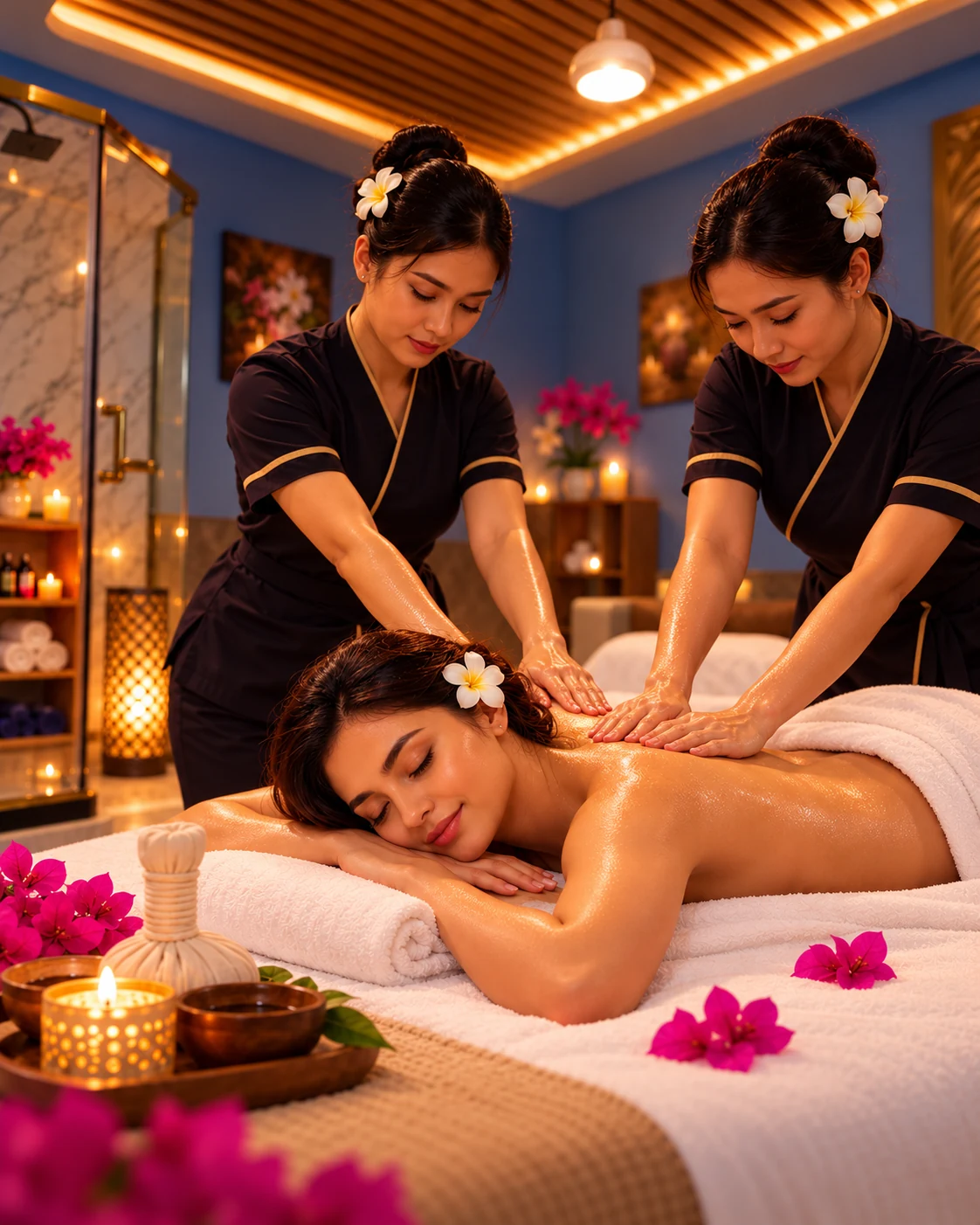 Professional four-hand massage with a client appropriately covered with spa towels